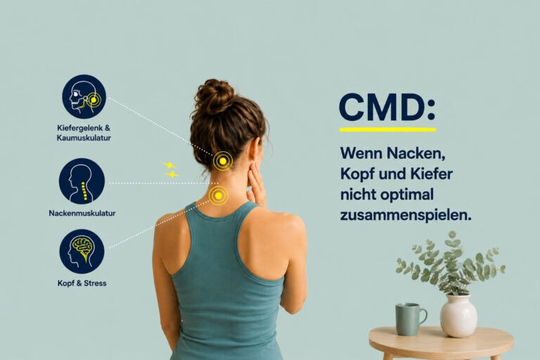 Eine Frau zeigt auf ihren Nacken, während sie über CMD Symptome spricht, die Kopf und Kiefer betreffen.