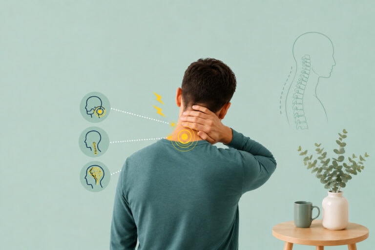 Mann mit Nackenschmerzen, die Symptome des HWS-Syndroms darstellen, vor einer grünen Wand.