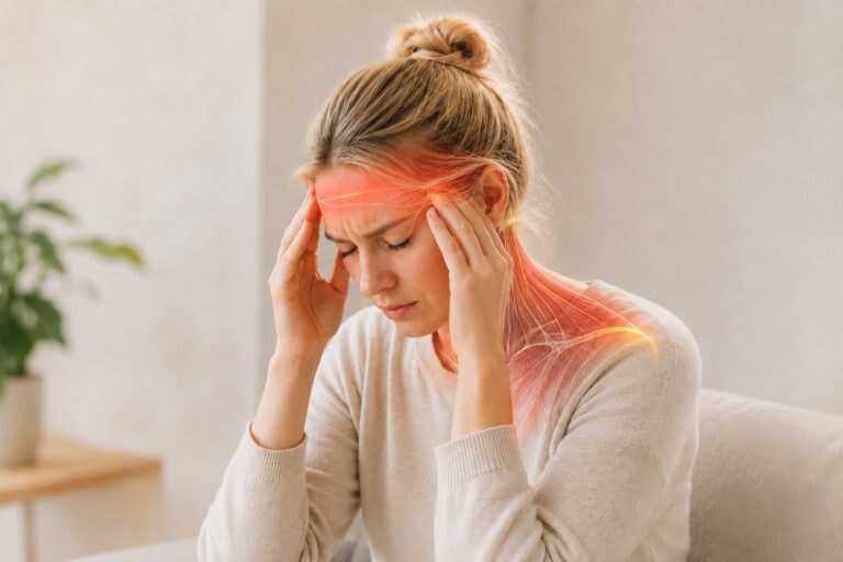 Eine Frau leidet unter Spannungskopfschmerzen und zeigt Anzeichen von Unwohlsein und Stress.