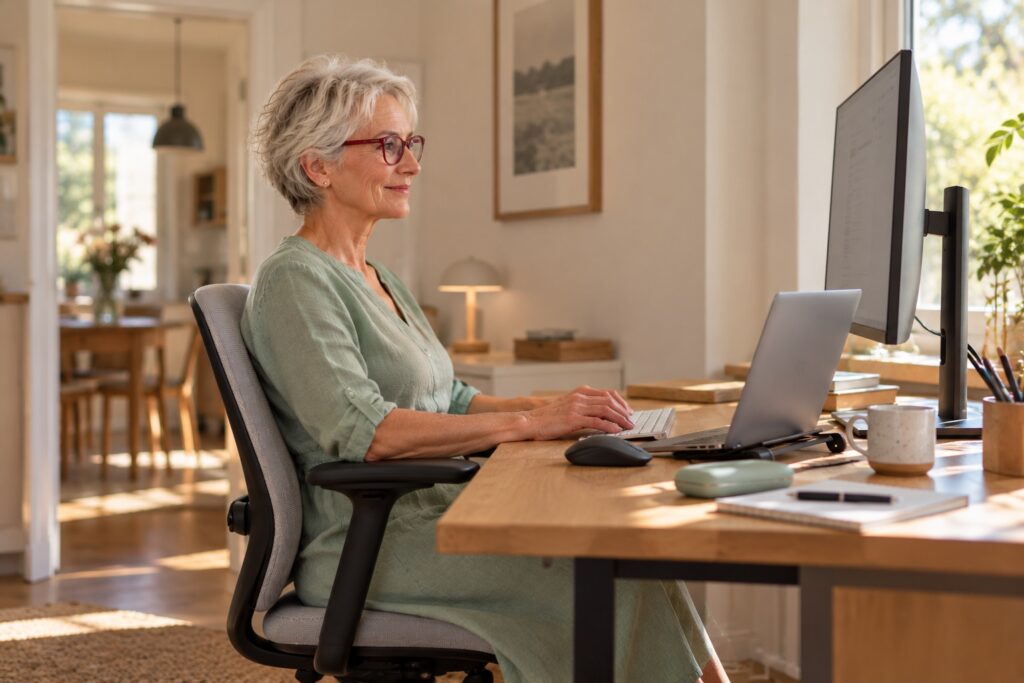 Frau mit Brille sitzt aufrecht an einem ergonomisch eingerichteten Schreibtisch mit Monitor auf Augenhöhe