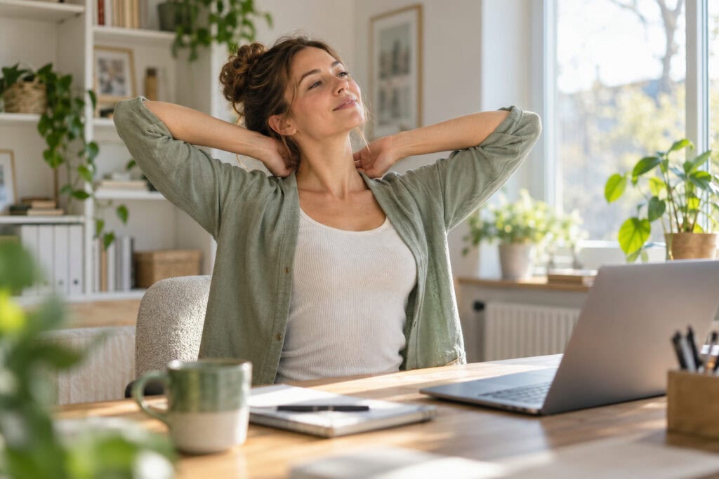Frau streckt im Homeoffice Nacken und Schultern während einer Bewegungspause.