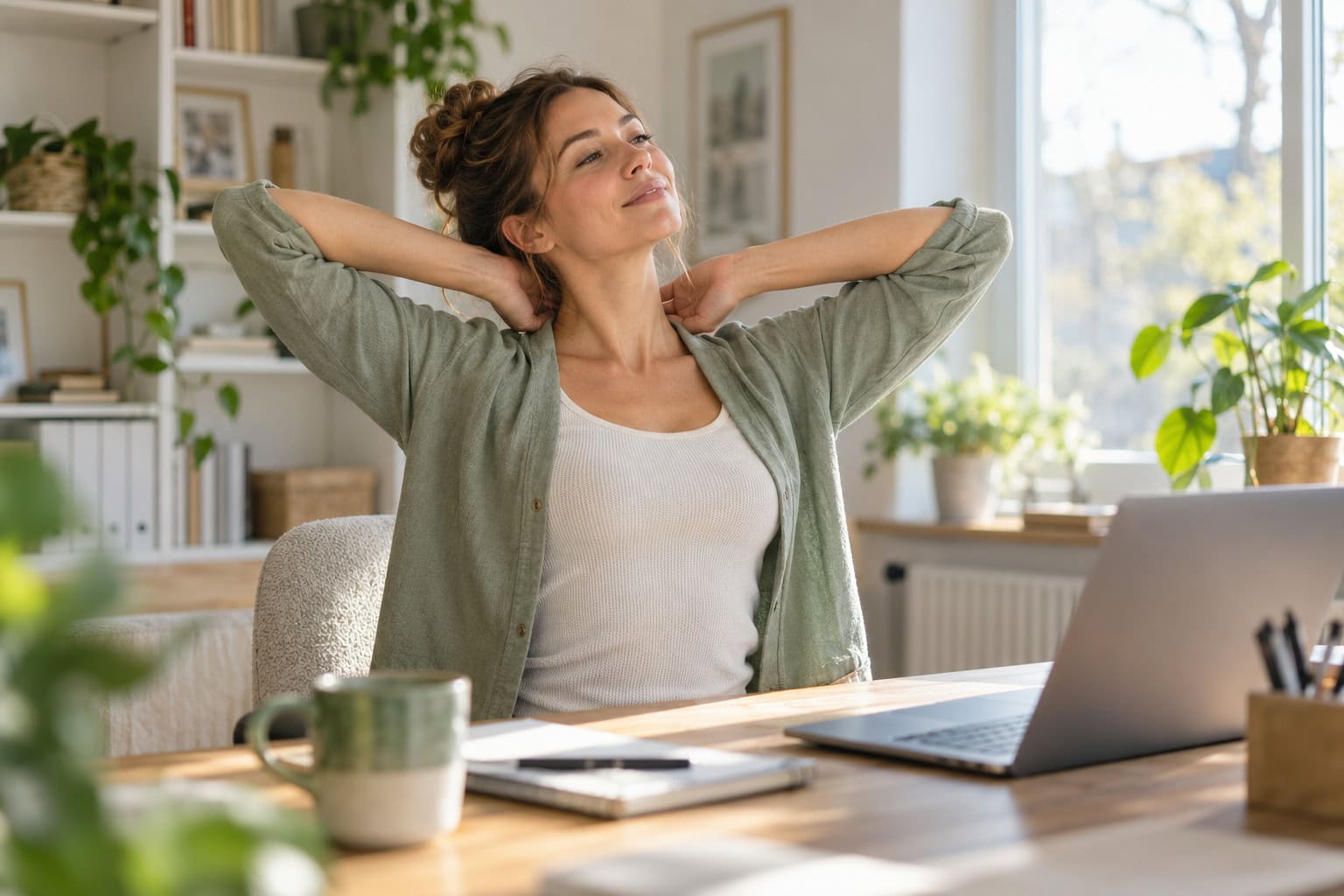Frau streckt im Homeoffice Nacken und Schultern während einer Bewegungspause.