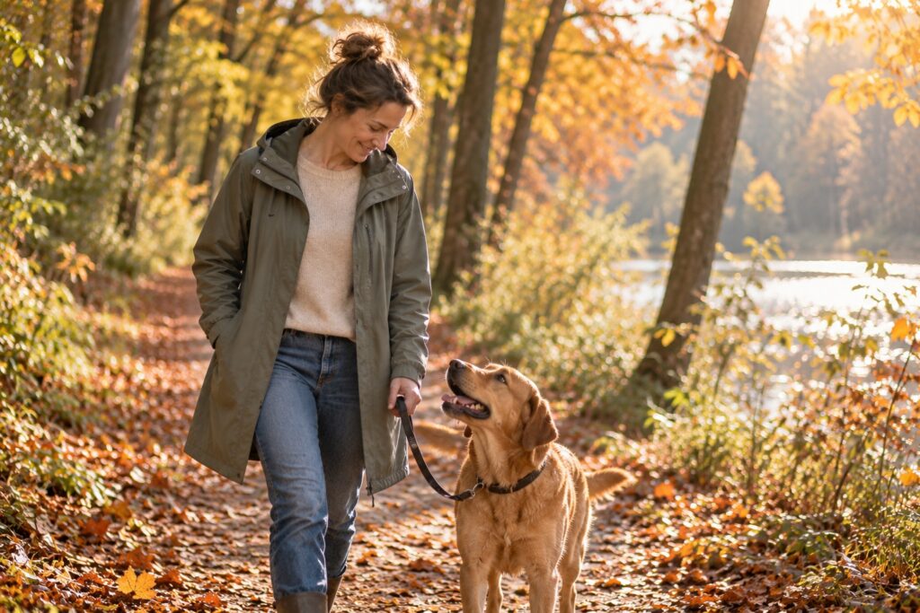 Frau spaziert mit ihrem Hund auf einem herbstlichen Waldweg am See