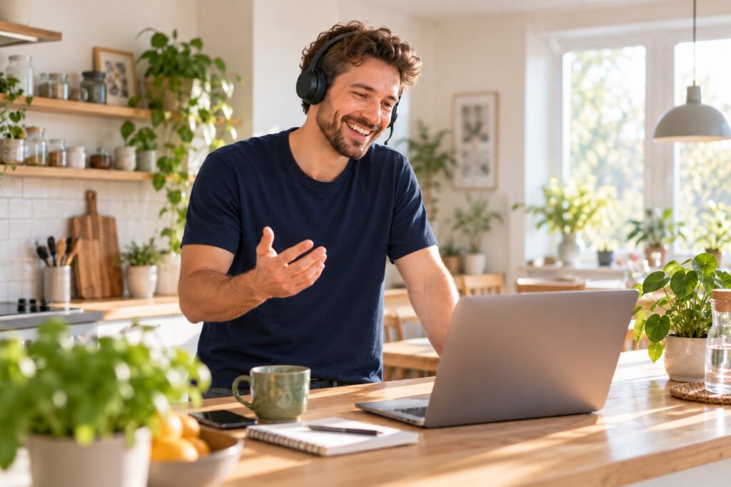 Mann steht mit Headset an der Küchentheke und führt gut gelaunt eine Videokonferenz am Laptop